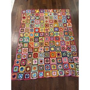 Vintage VTG Crochet Blanket Throw 70s Afghan Colorful Granny Hand Squares MCM